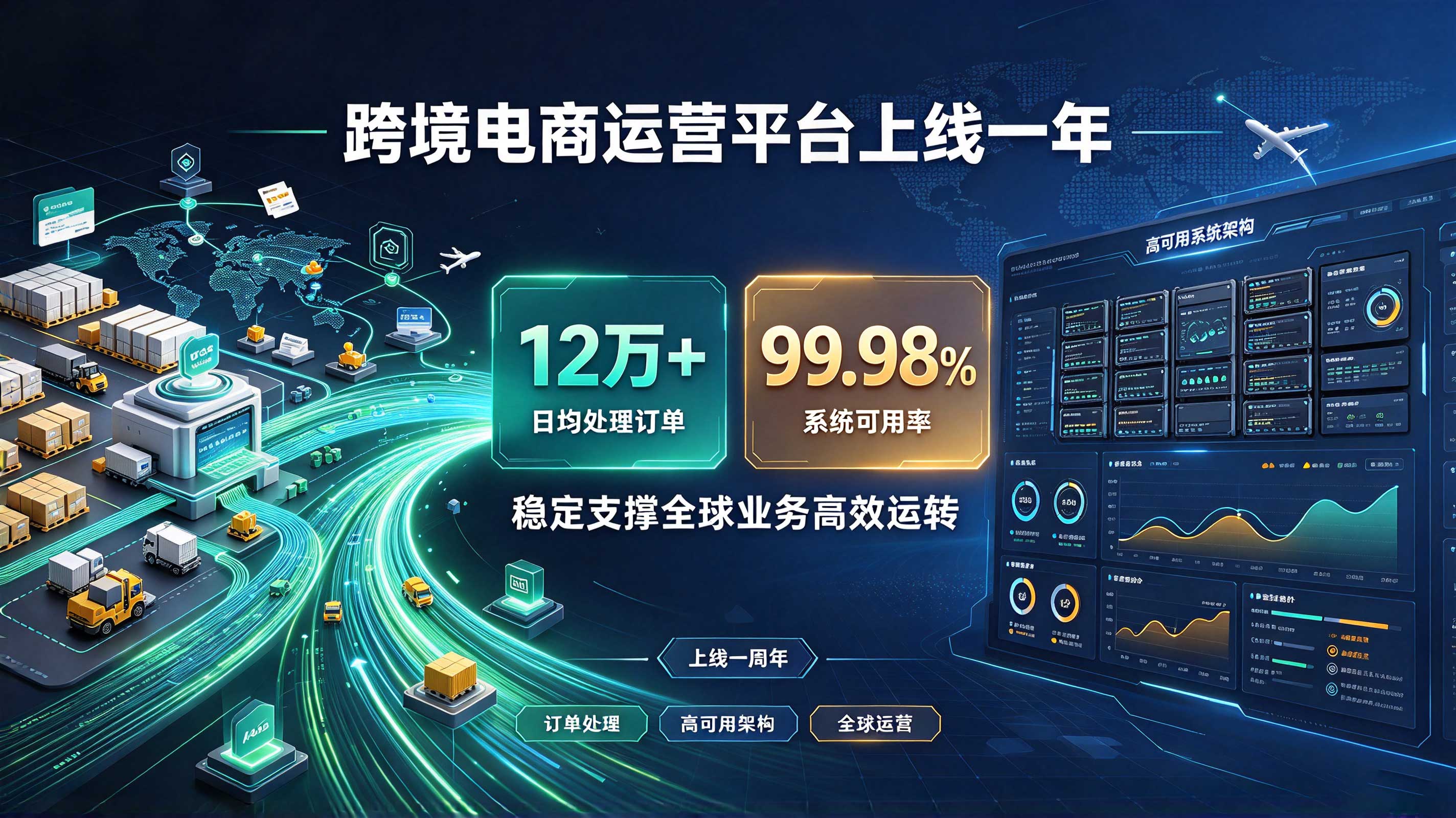跨境电商运营平台上线一年：日均处理订单 12 万+，系统可用率 99.98% 封面